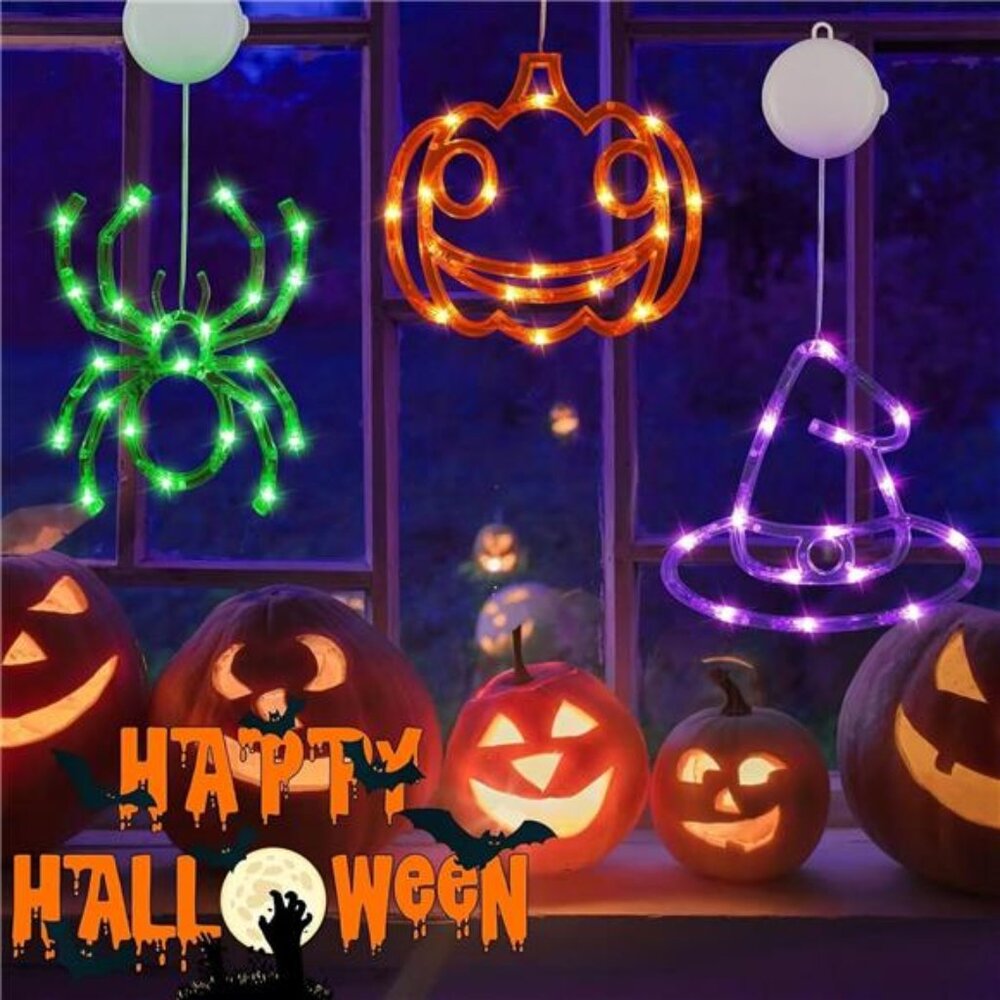 3 Pack Halloween Decorations Orange Pumpkin Purple Witch Hat Green Spider Window